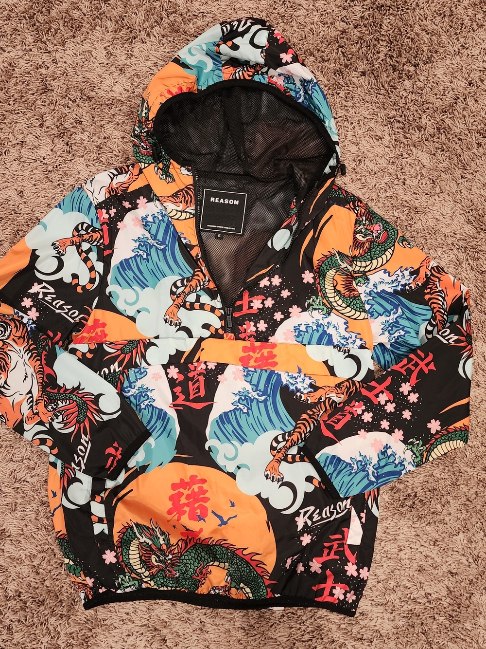 Reason Clothing Dragon Wave Anorak Jacket Small Streetwear Graphic Windbreaker